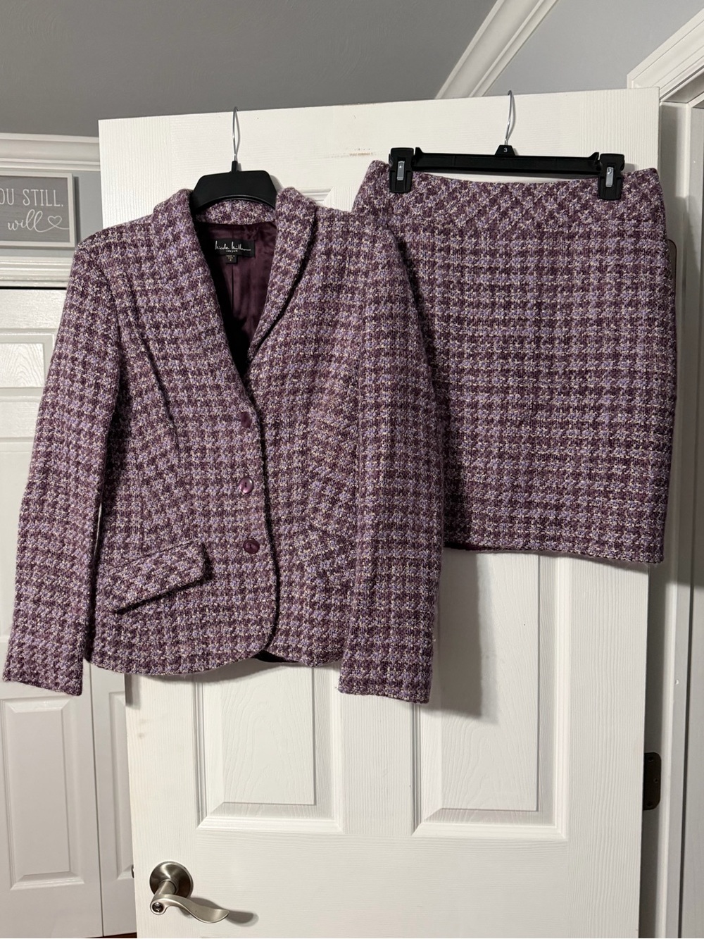 Nicole Miller New York Lavender Houndstooth Wool-Blend Skirt Suit